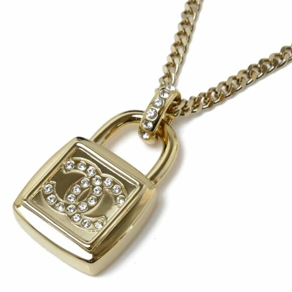 CHANEL CC Logos Rhinestone Padlock Long Chain Necklace 32" Gold Tone - Picture 3 of 7